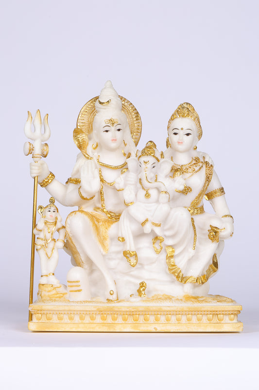 9" Shiva Parivaar sitting on Gold toned Marble statue - Shiva Prvati Gamesha and Kartikeya| Ideal for temple or showpiece