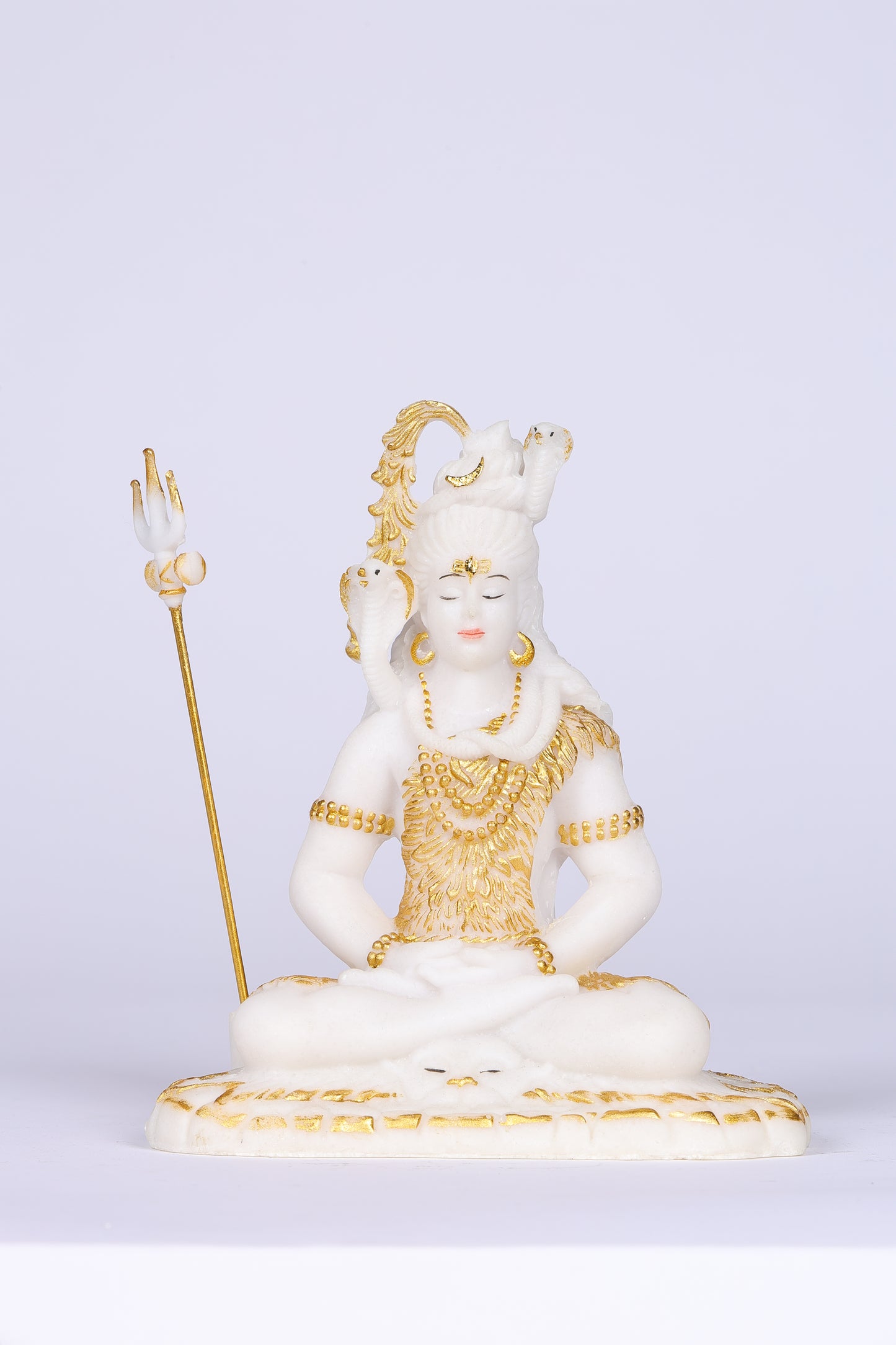6" Shiva Samadhi Meditation statue with Trishul in White marble with gold tone | Ideal for temple or showpiece