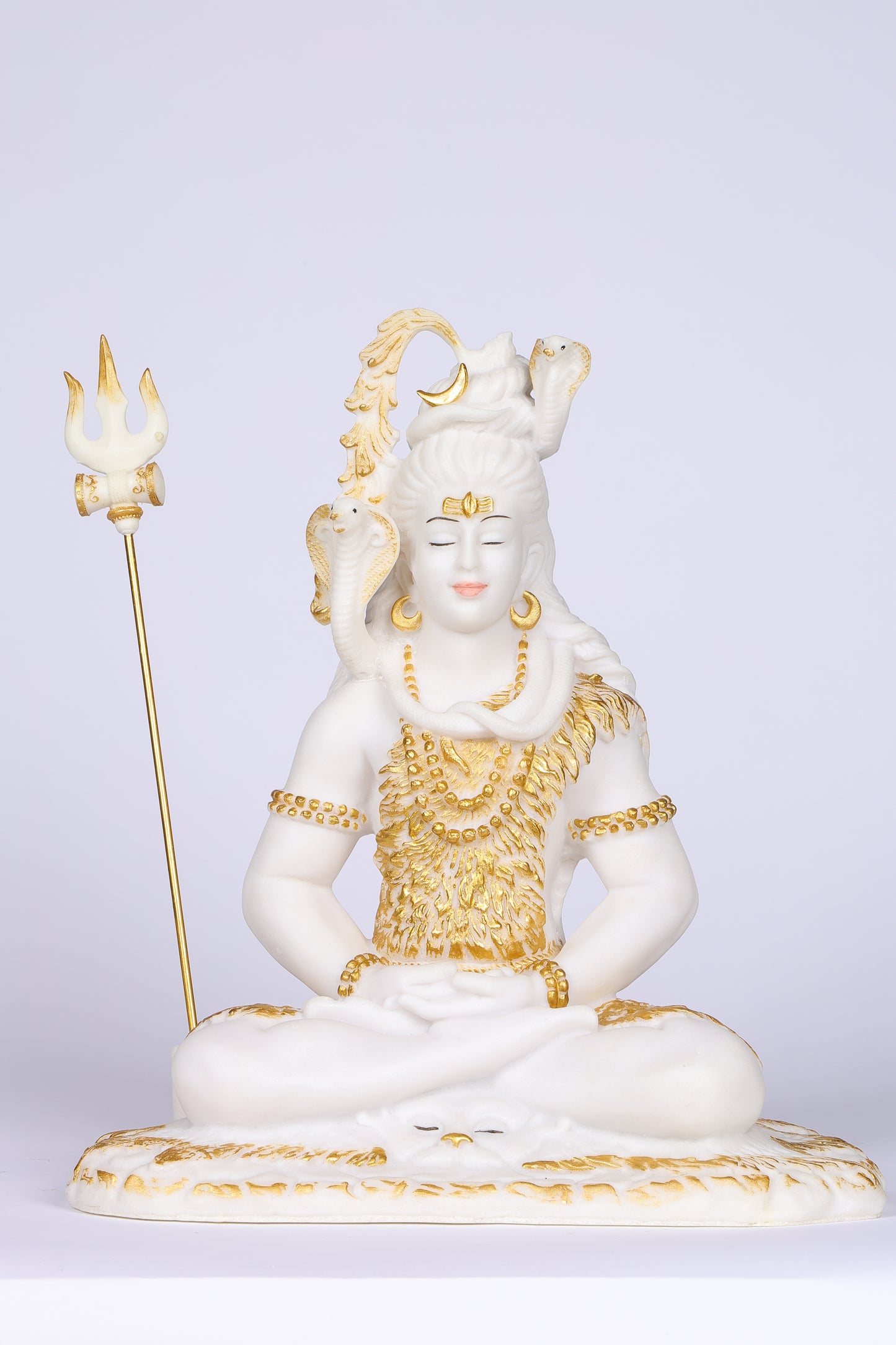 16" Shiva Samadhi Meditation statue with Trishul in White marble with gold tone | Ideal for temple or showpiece