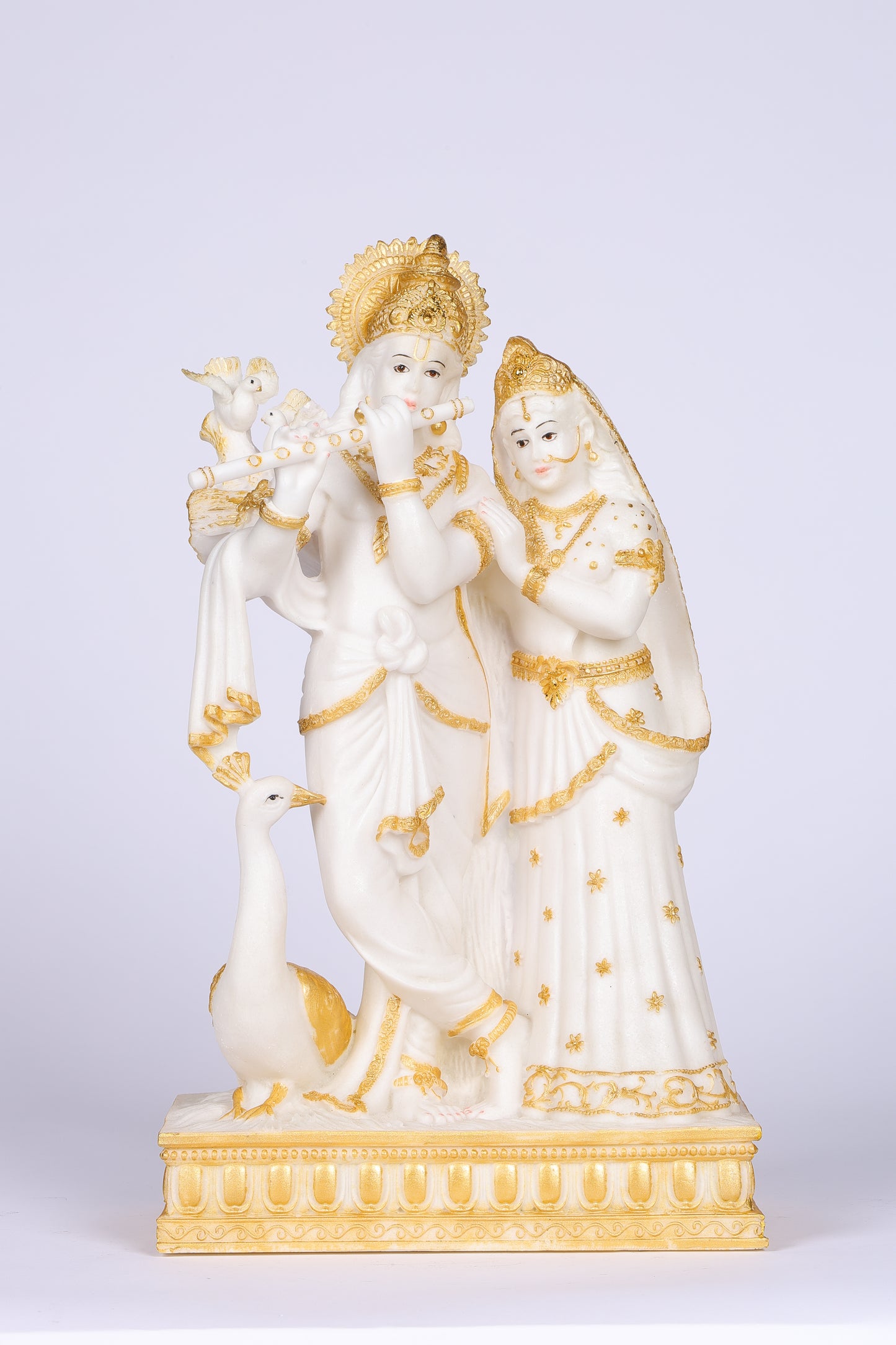 16" Radha Krishna with Bansuri standing white Marble statue Gold tone | Ideal for temple or showpiece