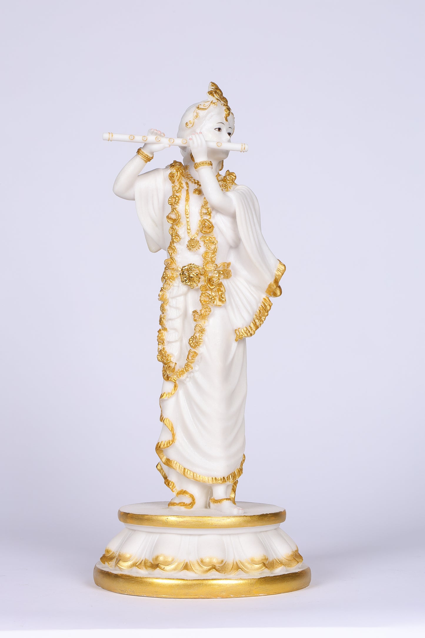 18" Standing Krishna with Bansuri - White Decorative Marble statue with Gold tone | Ideal for temple or showpiece