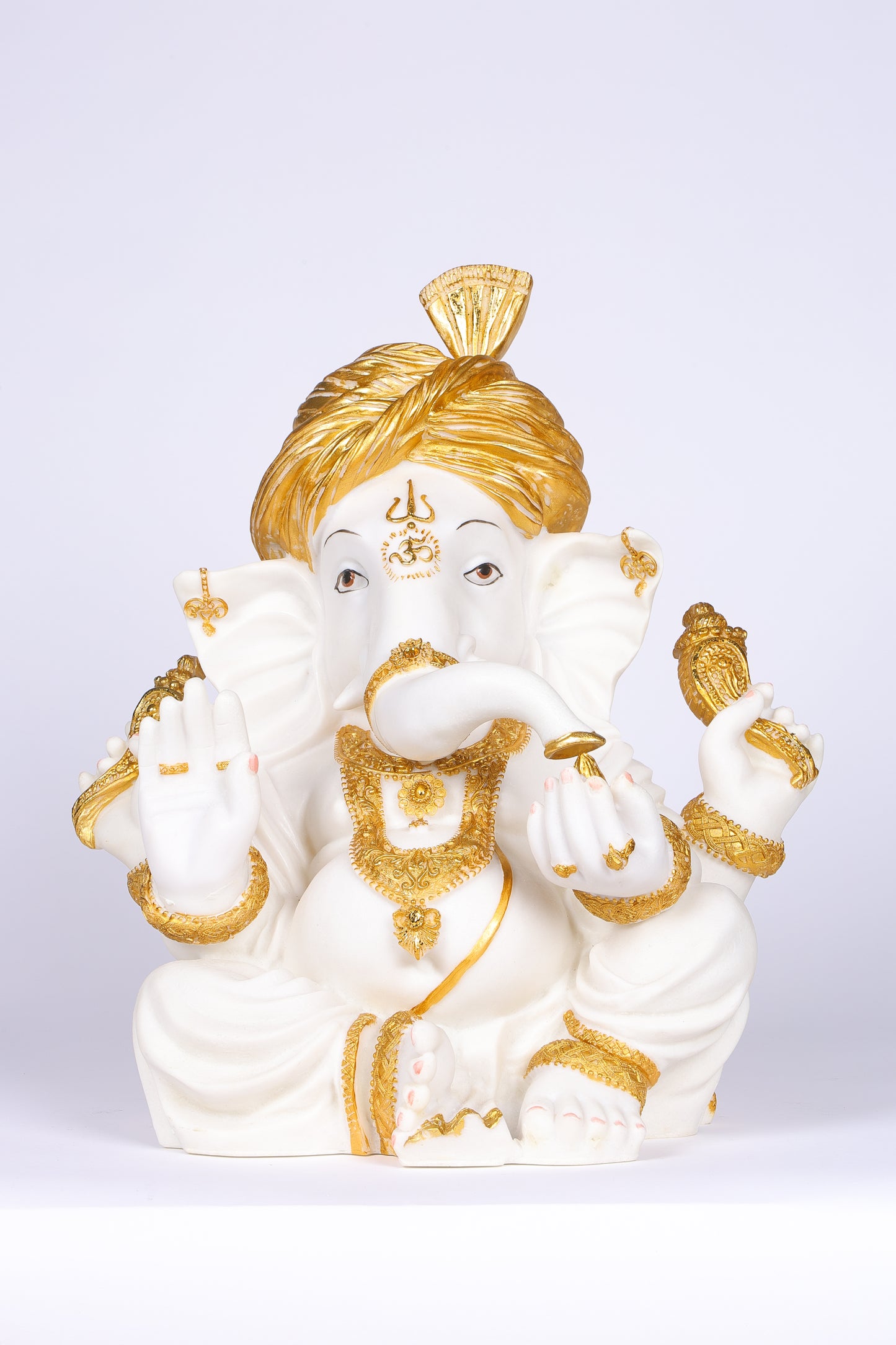 18" Ganesha sitting Marble statue with golden turban and modak | Ideal for temple or showpiece