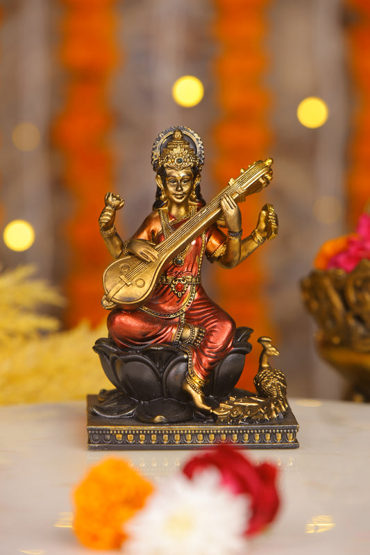 5" Saraswati Sitting Antique Finish golden red statue on lotus with Veena | Ideal for temple or showpiece
