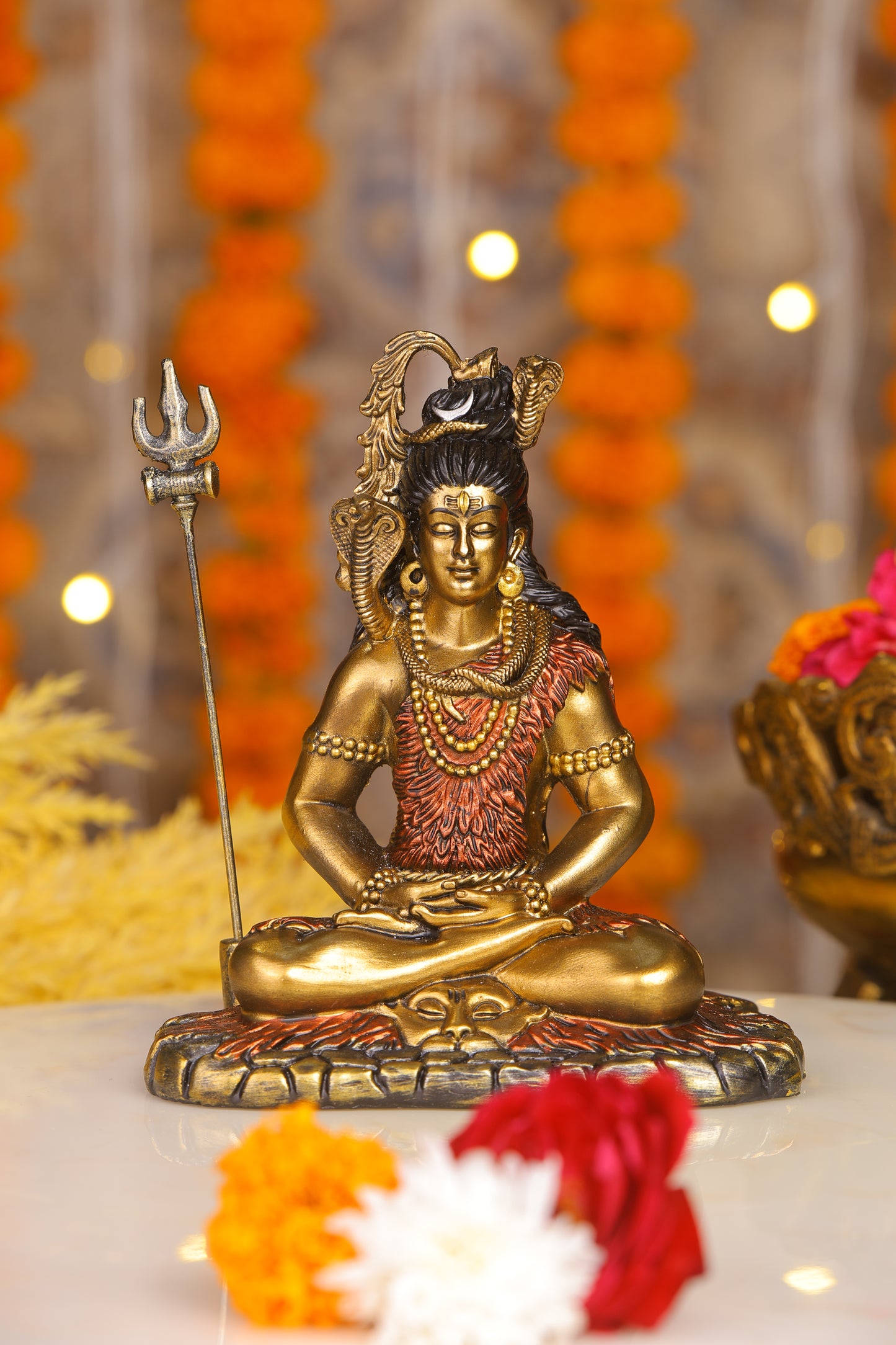 6" Shiva Samadhi Meditation statue with Trishul in Antique Finish golden red | Ideal for temple or showpiece