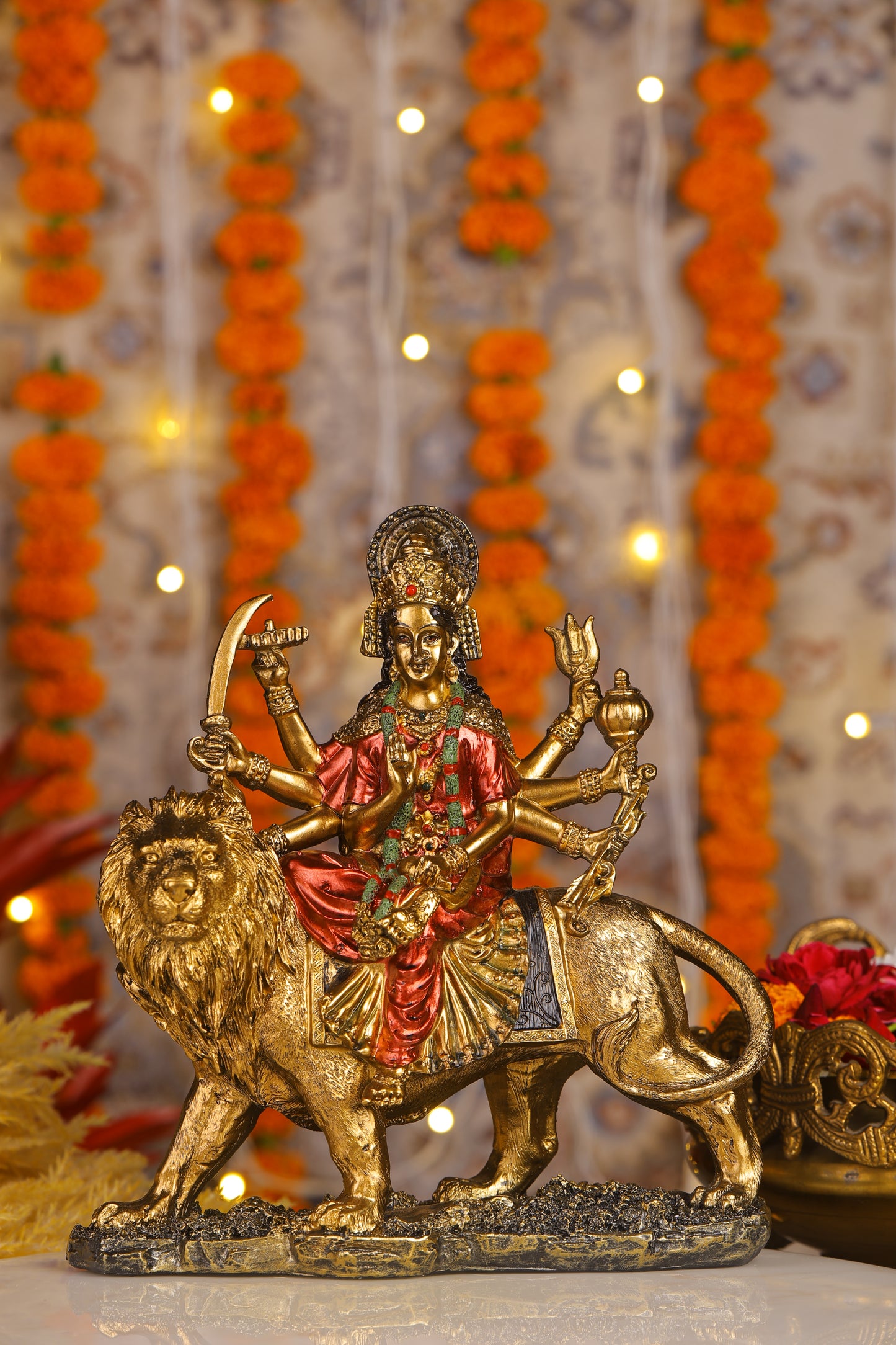 9" Maa Sherawali Jagdambe Durga Ji Antique Finish golden red statue| Ideal for temple or showpiece