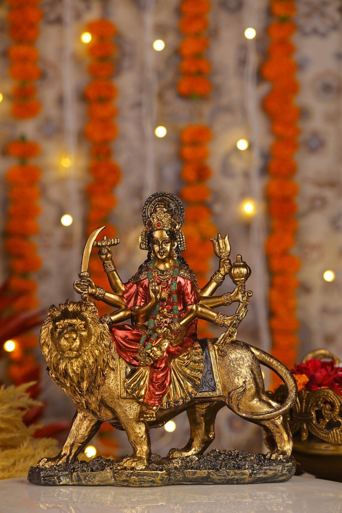 9" Maa Sherawali Jagdambe Durga Ji Antique Finish golden red statue| Ideal for temple or showpiece