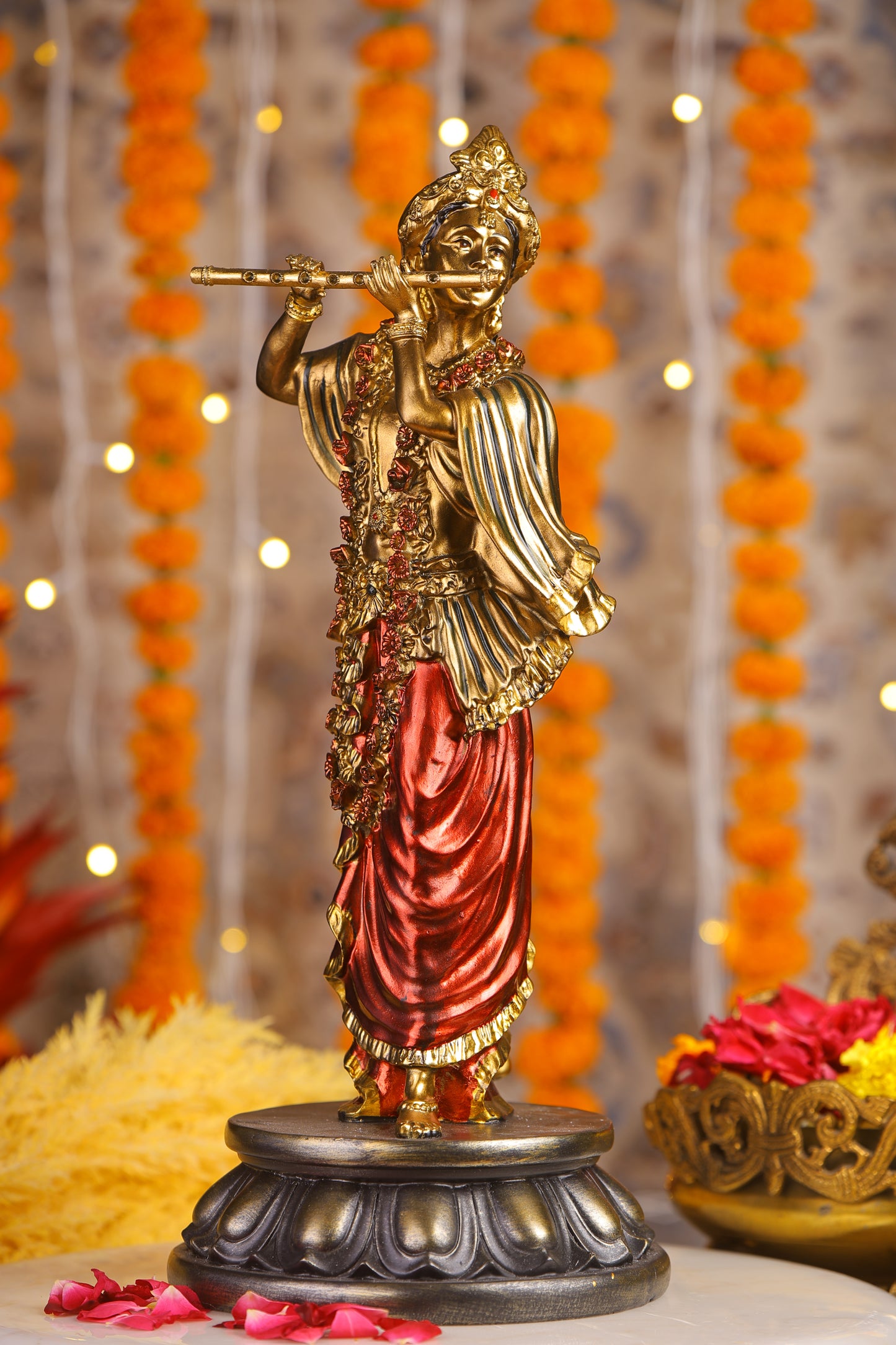 18" Standing Krishna with Bansuri - White Decorative Antique Finish golden red statue | Ideal for temple or showpiece