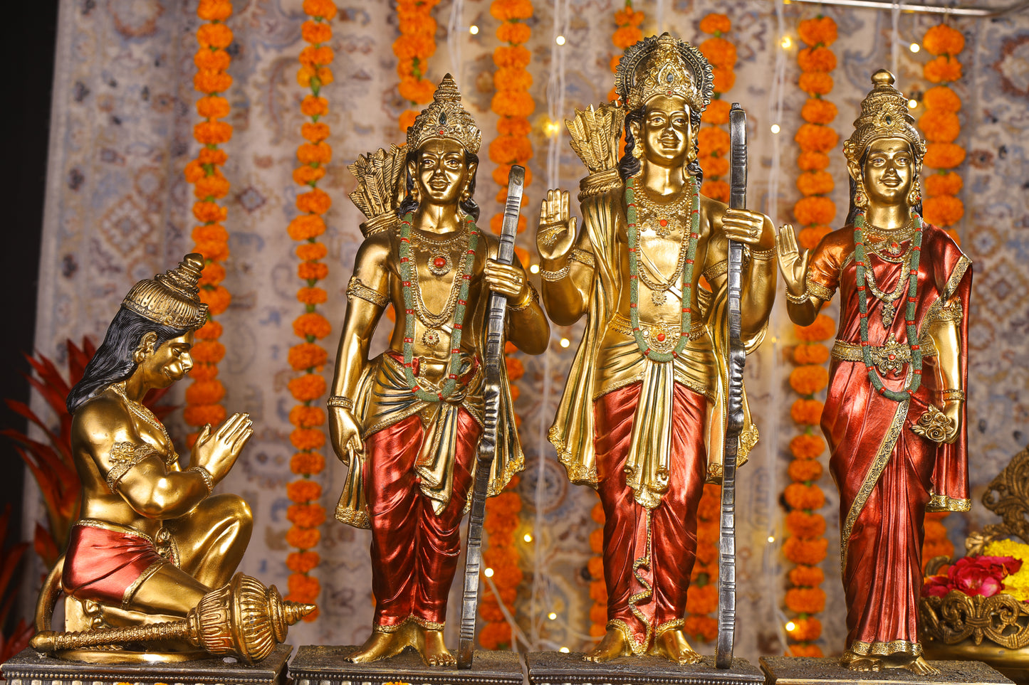 23" Ram Darbaar Antique Finish golden red statue - Shree Ram Ma Sita Laxman And Hanuman Darbar Idol for home temple