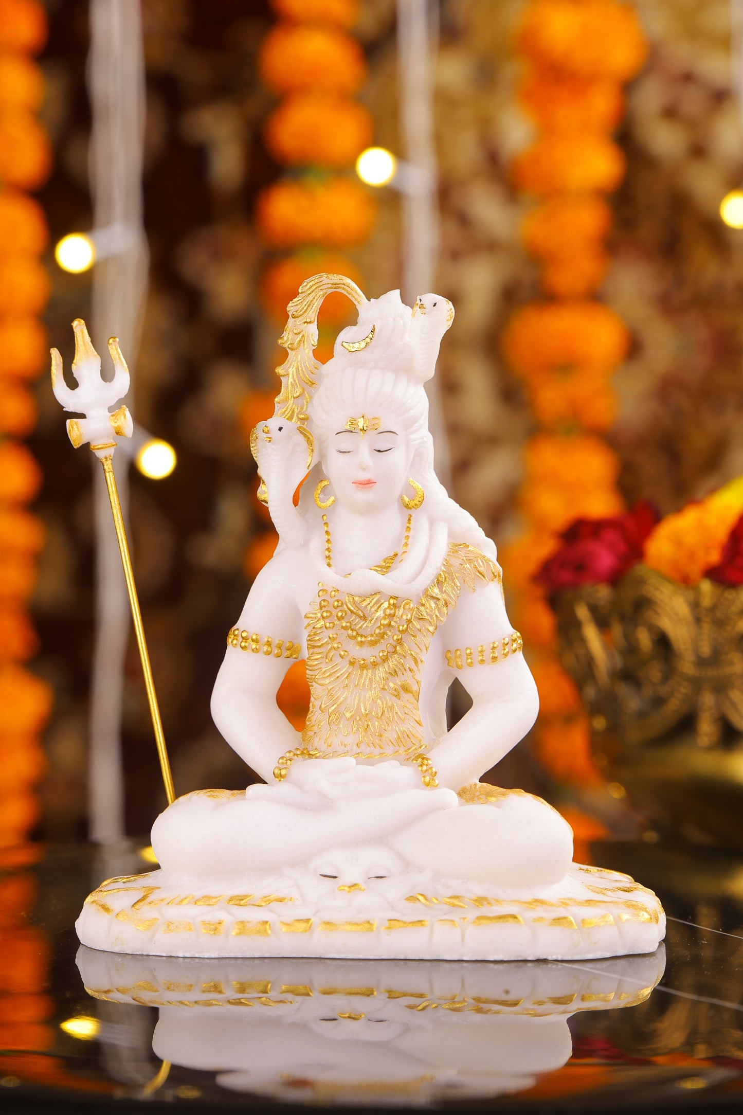6" Shiva Samadhi Meditation statue with Trishul in White marble with gold tone | Ideal for temple or showpiece
