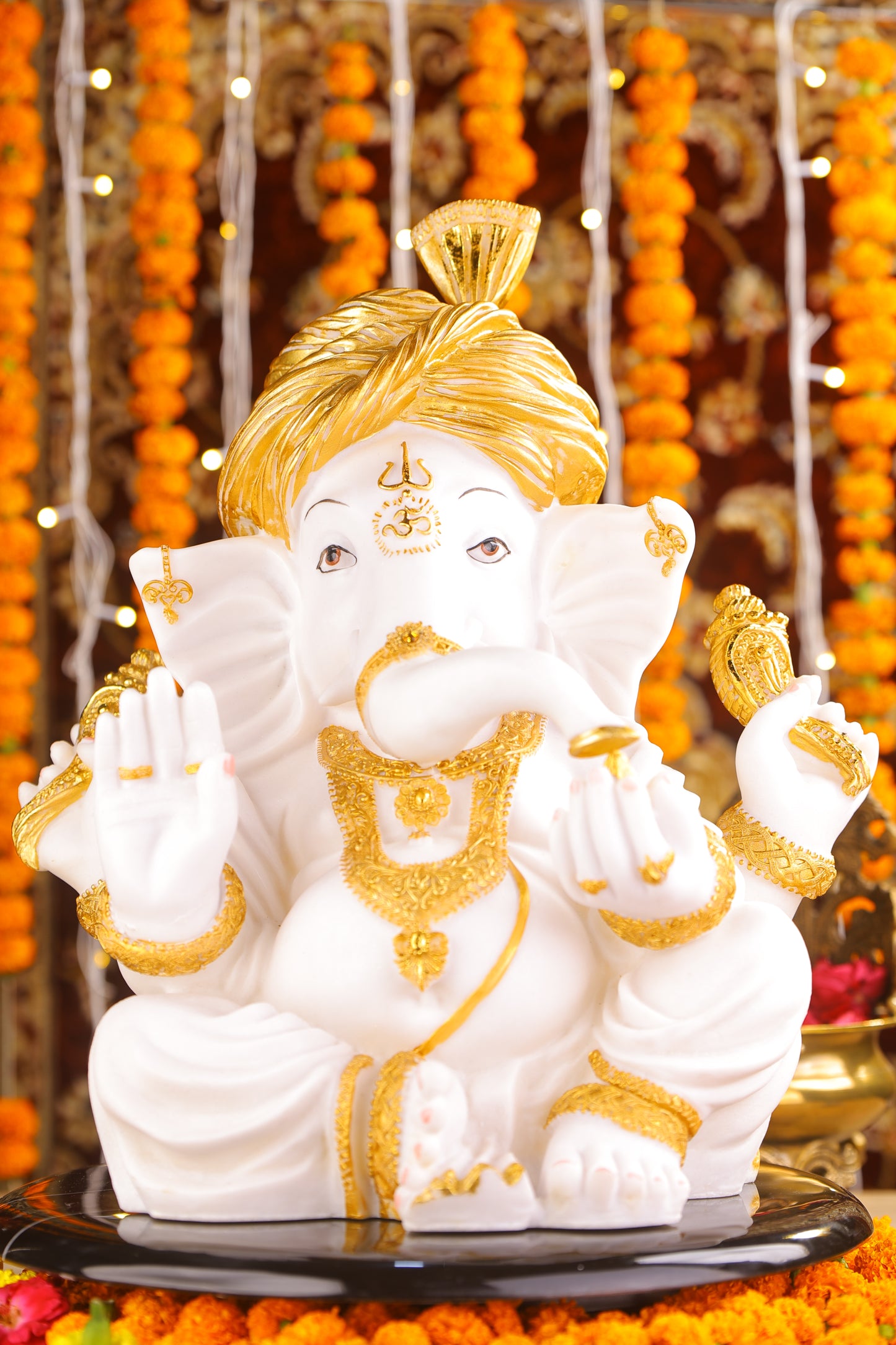 18" Ganesha sitting Marble statue with golden turban and modak | Ideal for temple or showpiece