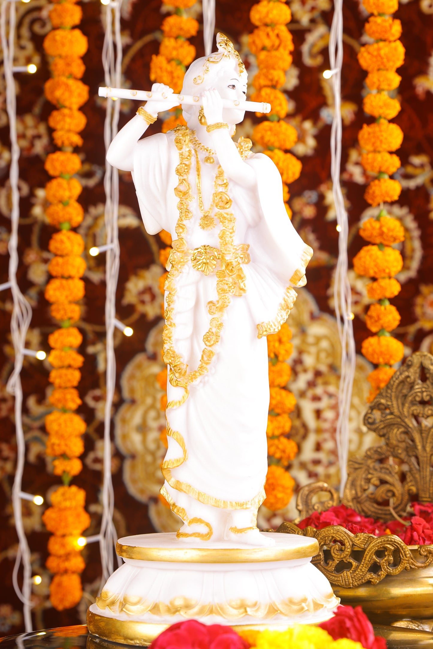18" Standing Krishna with Bansuri - White Decorative Marble statue with Gold tone | Ideal for temple or showpiece