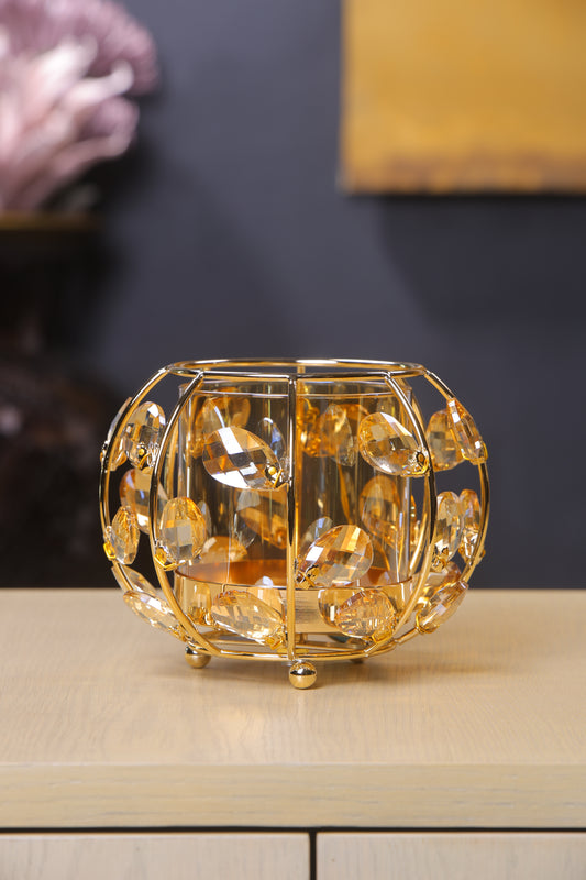 Elegant Gold Mirror Candle Holder with Crystals