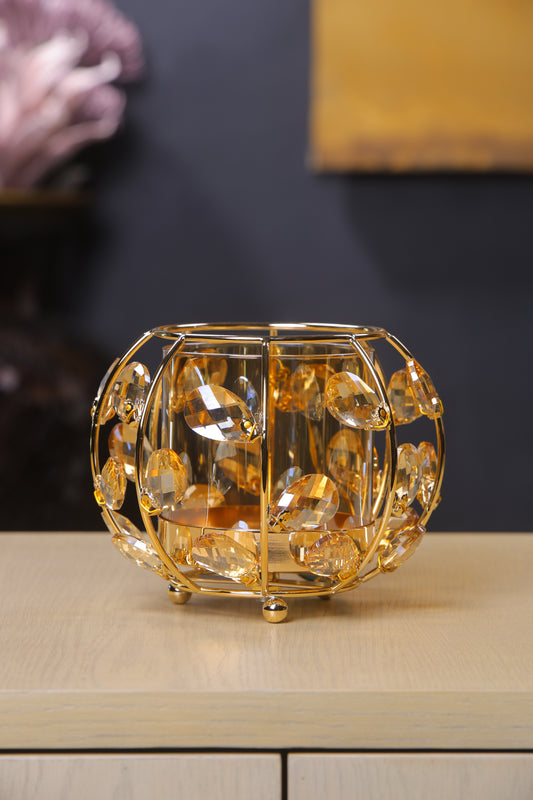 Elegant Gold Mirror Candle Holder with Crystals