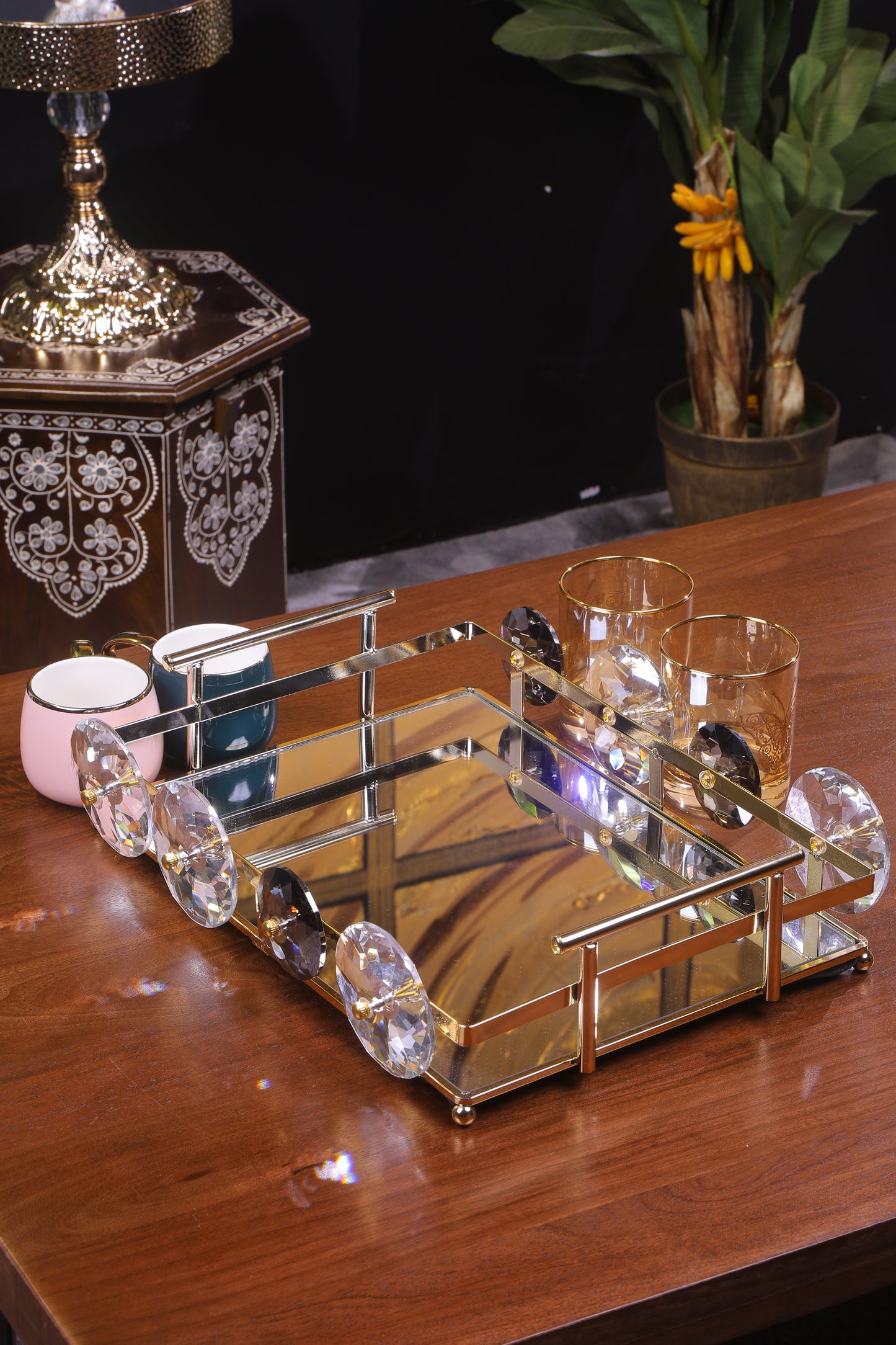 Rectangular Gold Mirror Tray with Handles
