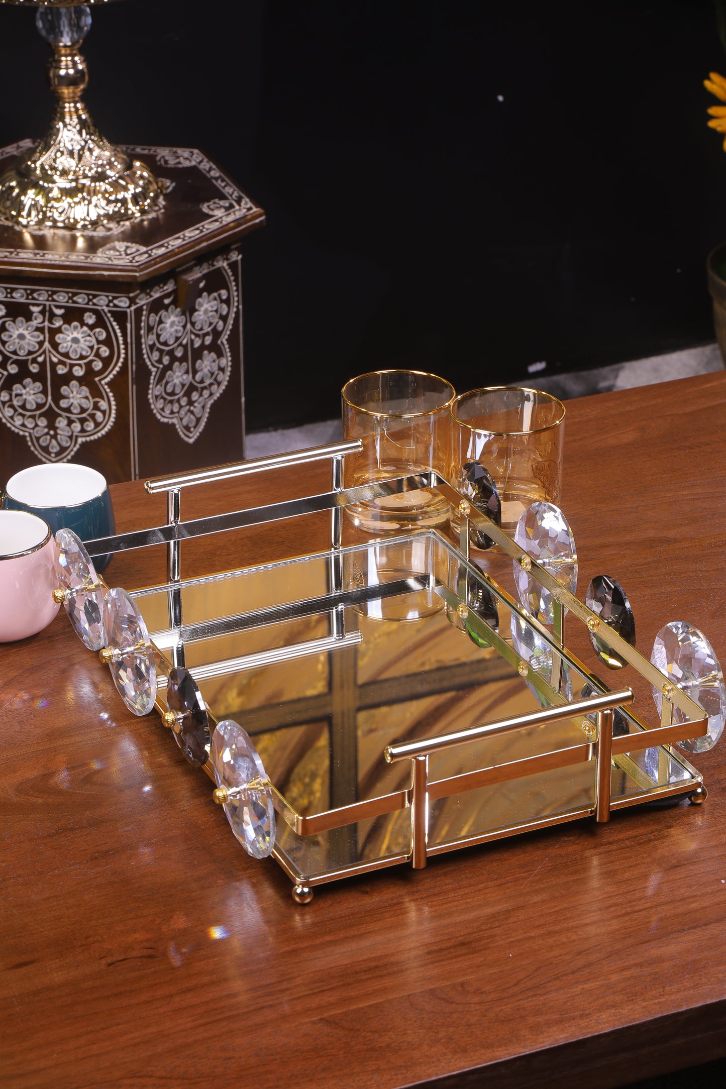 Rectangular Gold Mirror Tray with Handles