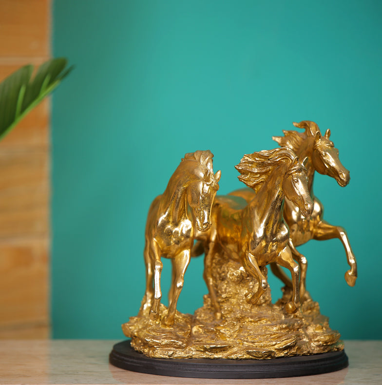 Glorious Three Horse Figurine - Antique Gold Finish