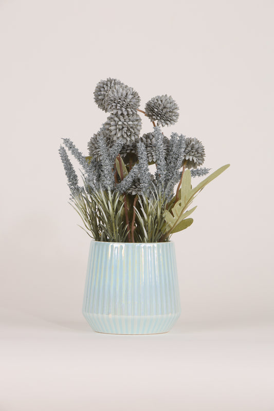 Artificial Chrysanthemum and Marigold Bunch- Blue Ceramic vase