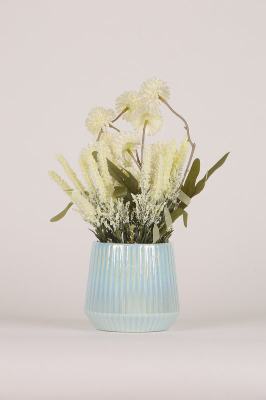 Artificial Chrysanthemum and Marigold Bunch- Blue Ceramic vase