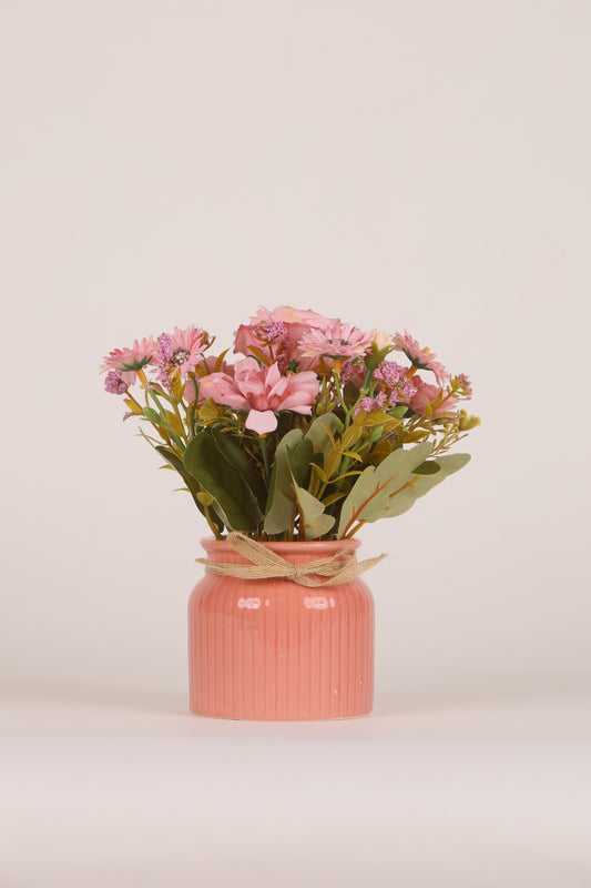 Artificial Pearl Dahlia Flower bunch, Ceramic vase Pink