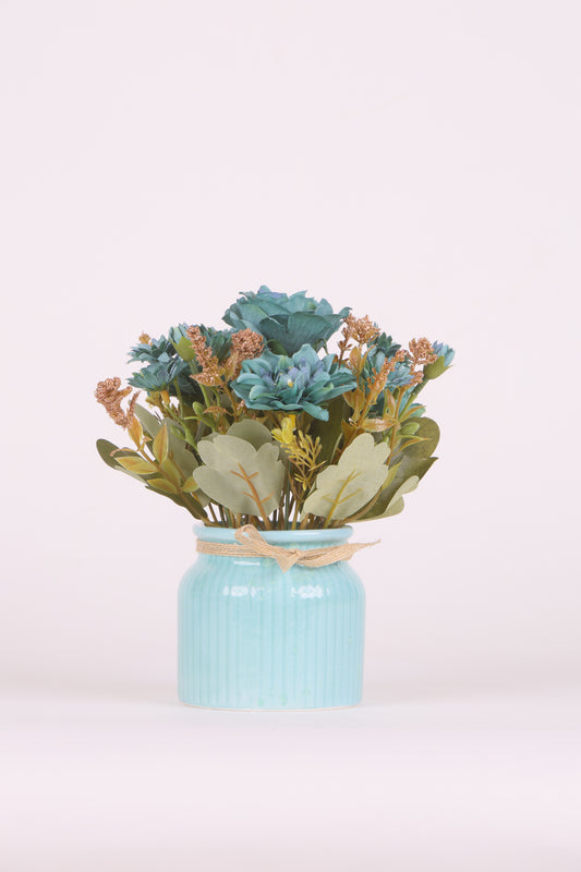 Artificial Pearl Dahlia Flower bunch, Ceramic vase Blue