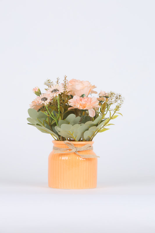 Artificial Pearl Dahlia Flower bunch, Ceramic vase Orange