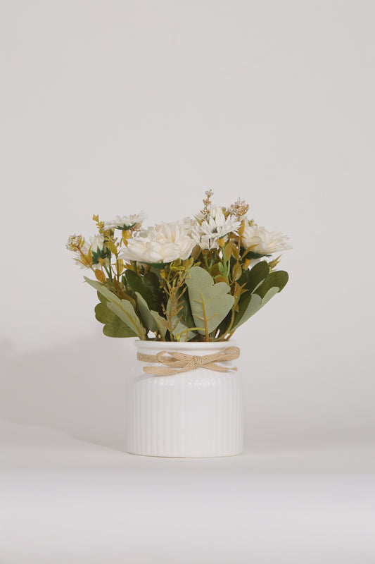 Artificial Pearl Dahlia Flower bunch, Ceramic vase White