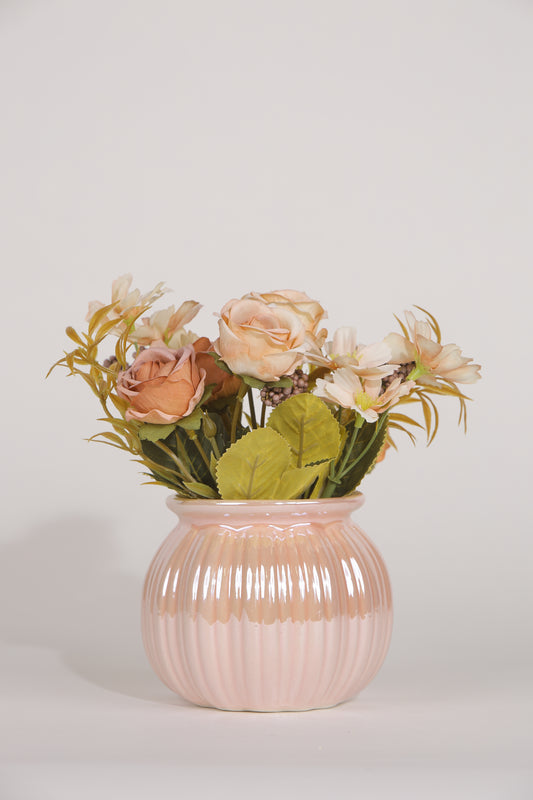 Artificial Roses and Lilies Bunch, Ceramic Vase Pink