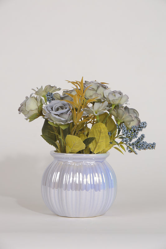 Artificial Roses and Lilies Bunch, Ceramic Vase Blue