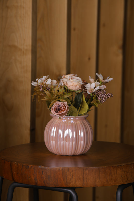 Artificial Roses and Lilies Bunch, Ceramic Vase Pink