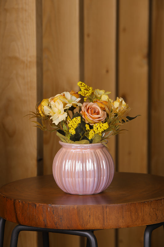 Artificial Roses and Lilies Bunch, Ceramic Vase Peach