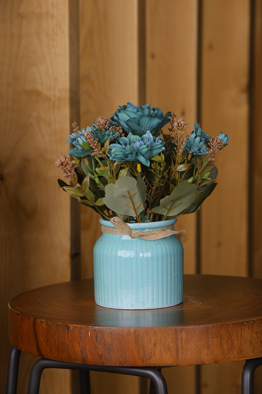 Artificial Pearl Dahlia Flower bunch, Ceramic vase Blue