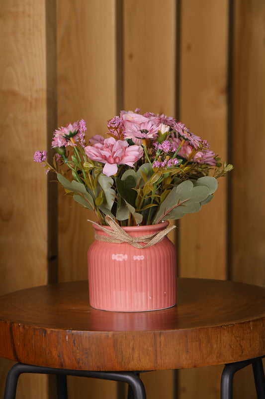 Artificial Pearl Dahlia Flower bunch, Ceramic vase Pink