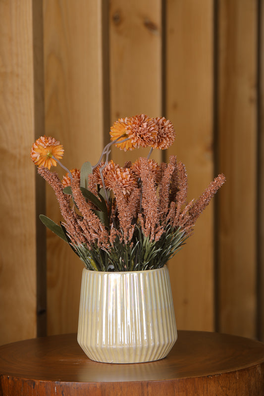 Artificial Chrysanthemum and Marigold Bunch- Yellow Ceramic vase