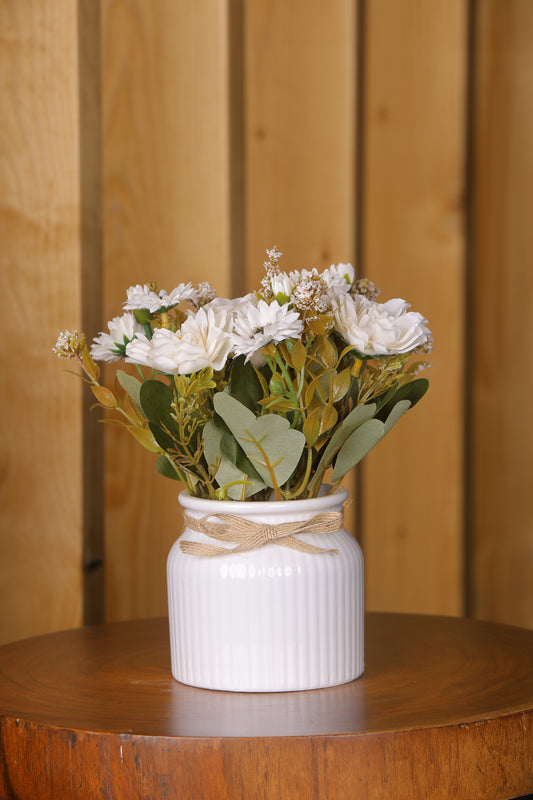 Artificial Pearl Dahlia Flower bunch, Ceramic vase White