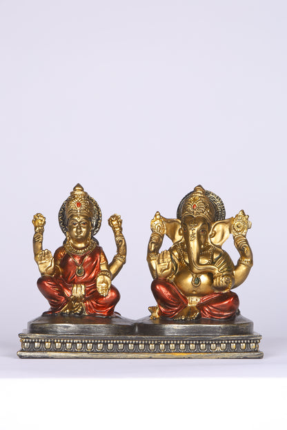 5" Laxmi Ganesha sitting Antique Finish golden red statue with Gold pedestal | Ideal for temple or showpiece