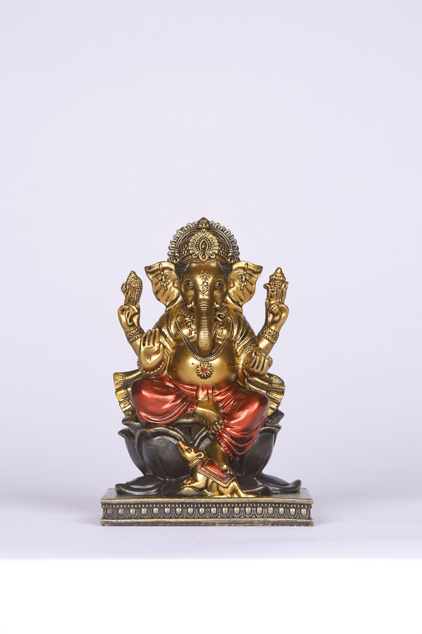 5" Ganesha sitting  Antique Finish golden red statue on golden pdestal | Ideal for temple or showpiece