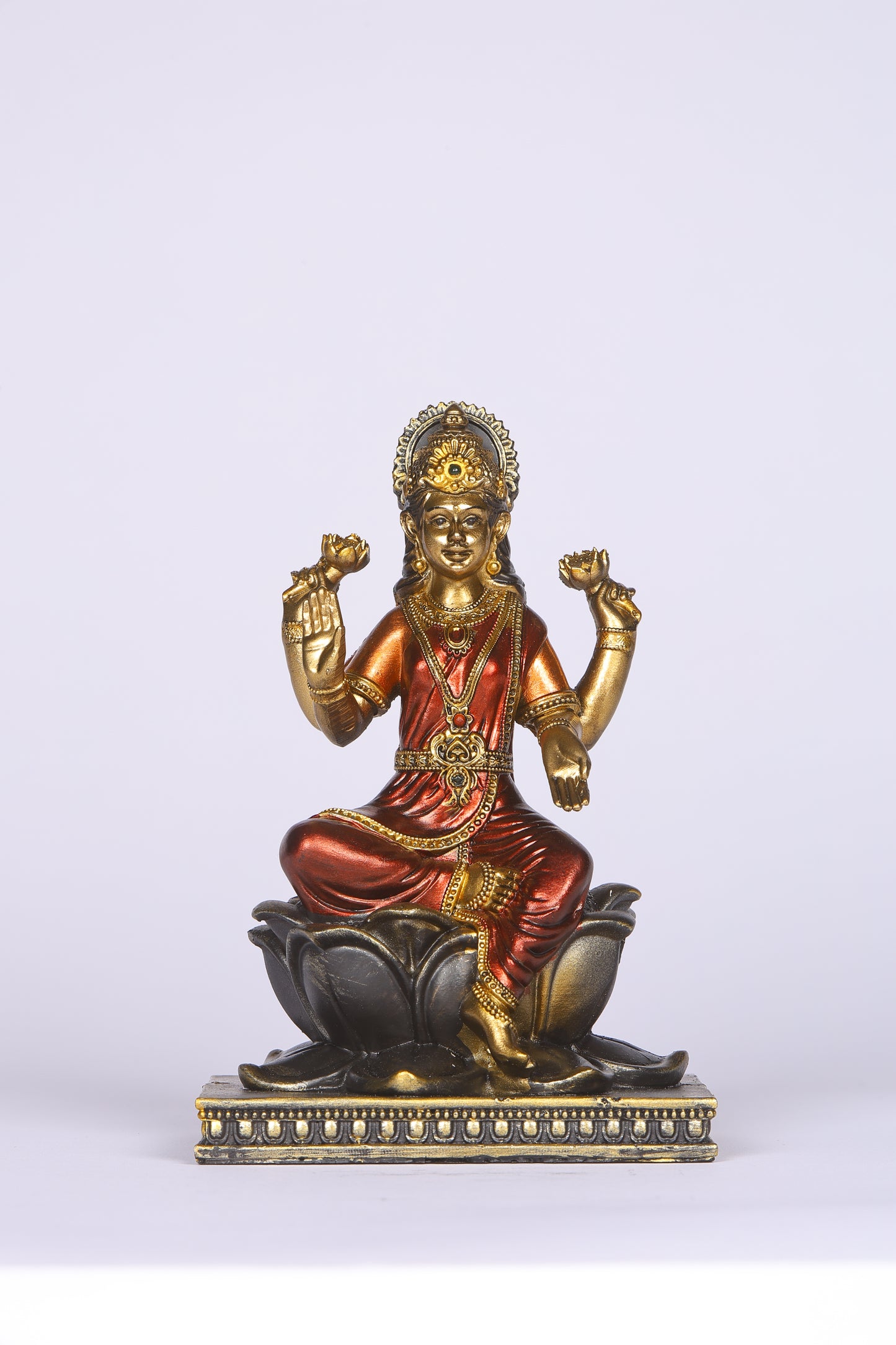 5" Laxmi Sitting Antique Finish golden red statue on lotus | Ideal for temple or showpiece