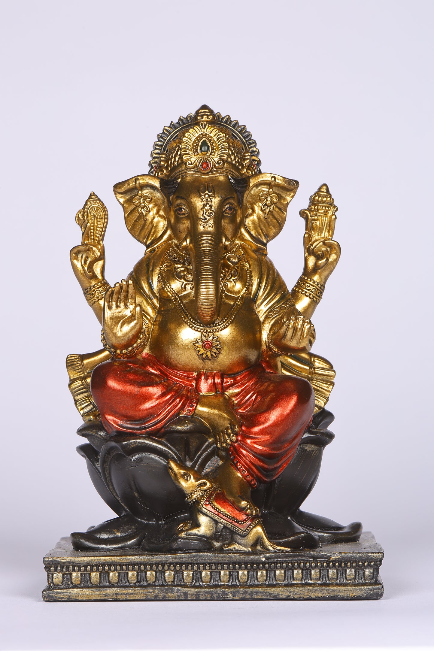 8" Ganesha sitting  Antique Finish golden red statue on golden pdestal | Ideal for temple or showpiece