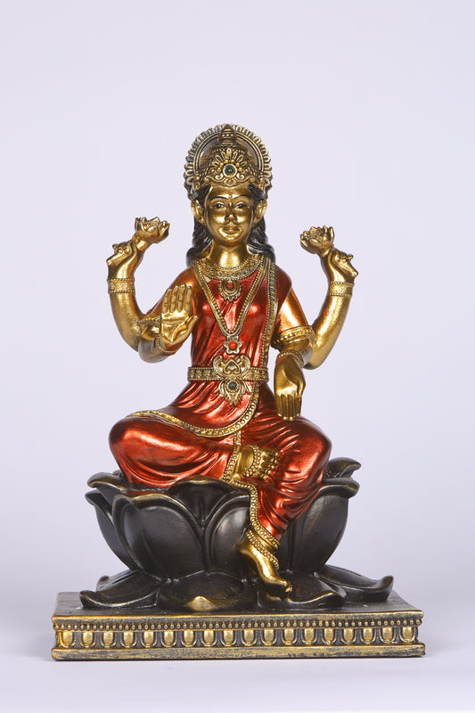 8" Laxmi Sitting Antique Finish golden red statue on lotus | Ideal for temple or showpiece