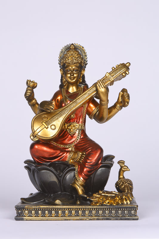 8" Saraswati Sitting Antique Finish golden red statue on lotus with Veena | Ideal for temple or showpiece