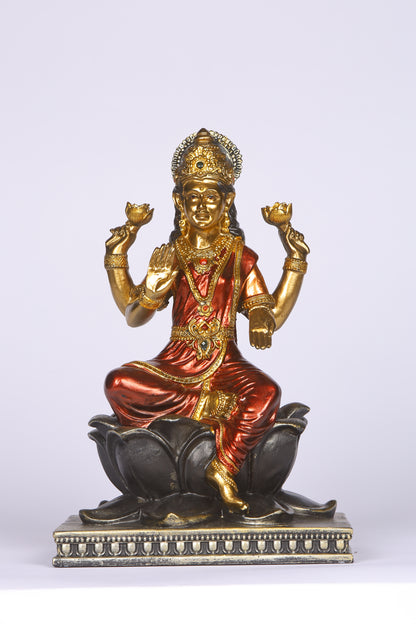 10" Laxmi Sitting Antique Finish golden red statue statue on lotus | Ideal for temple or showpiece