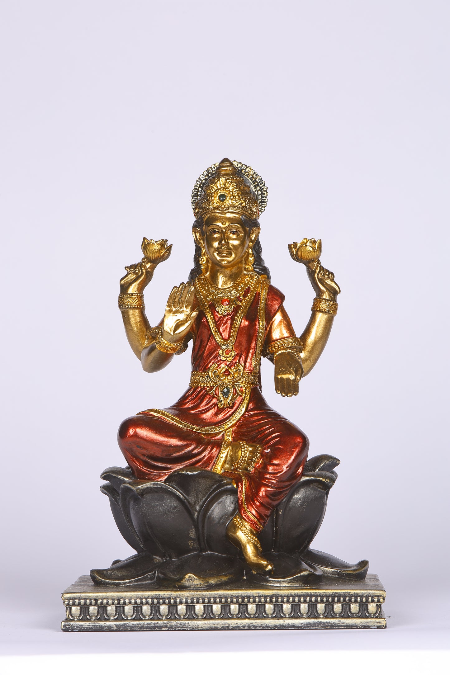 10" Laxmi Sitting Antique Finish golden red statue statue on lotus | Ideal for temple or showpiece