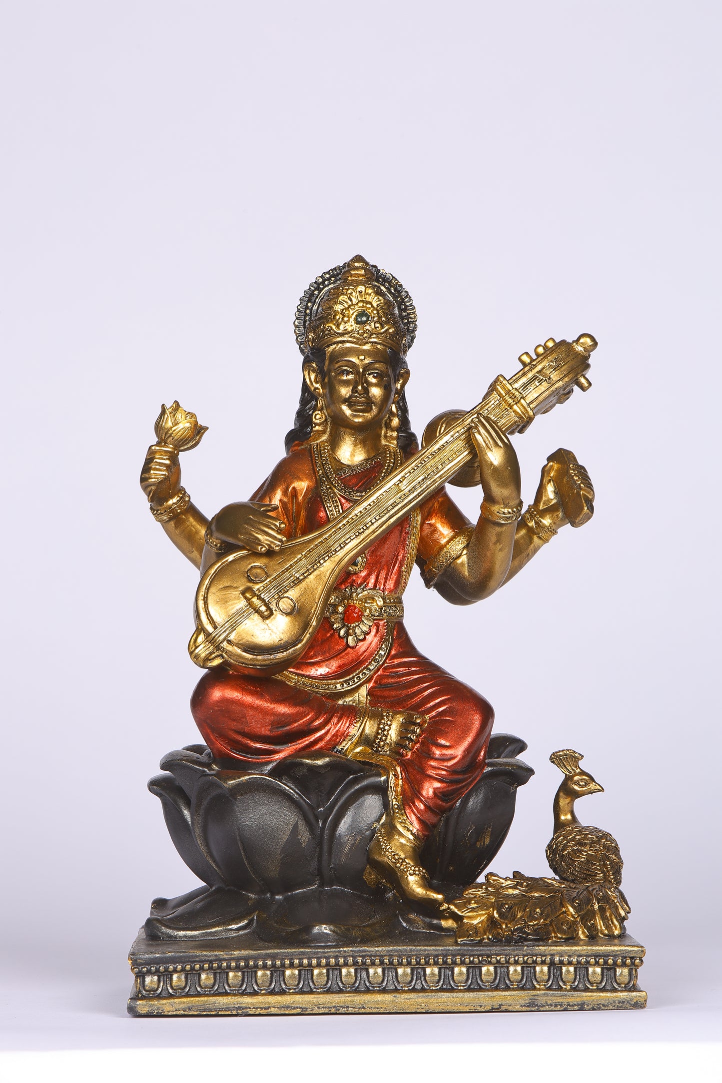 10" Saraswati Sitting Antique Finish golden red statue on lotus with Veena | Ideal for temple or showpiece