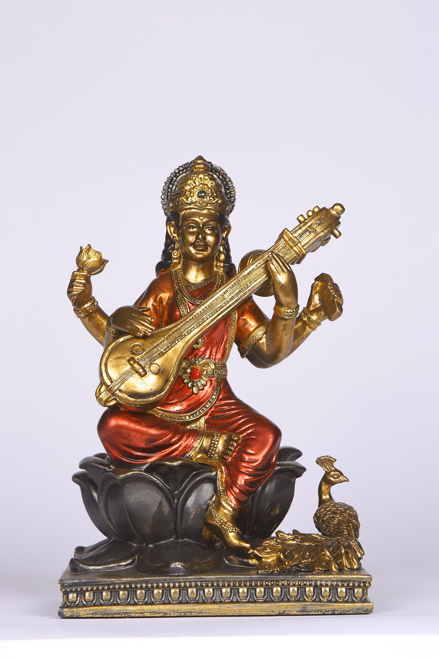 10" Saraswati Sitting Antique Finish golden red statue on lotus with Veena | Ideal for temple or showpiece