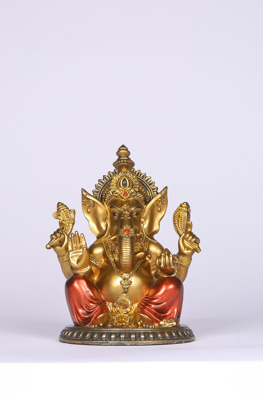 6" Ganesha sitting  Antique Finish golden red statue on golden pdestal | Ideal for temple or showpiece