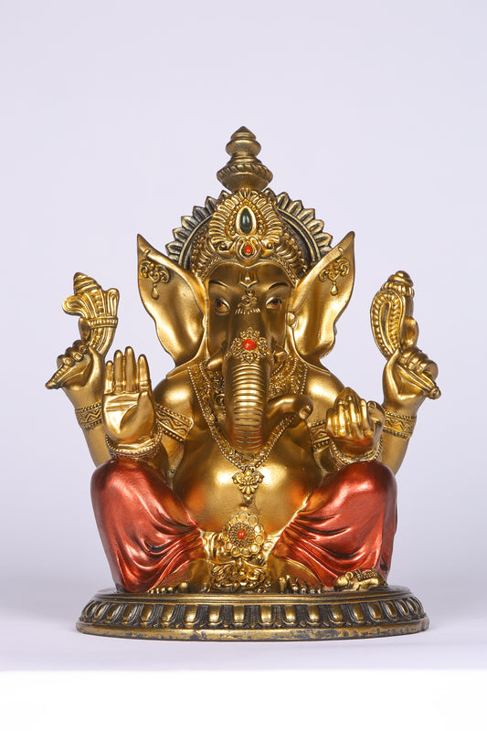 8" Ganesha sitting  Antique Finish golden red statue on golden pdestal | Ideal for temple or showpiece