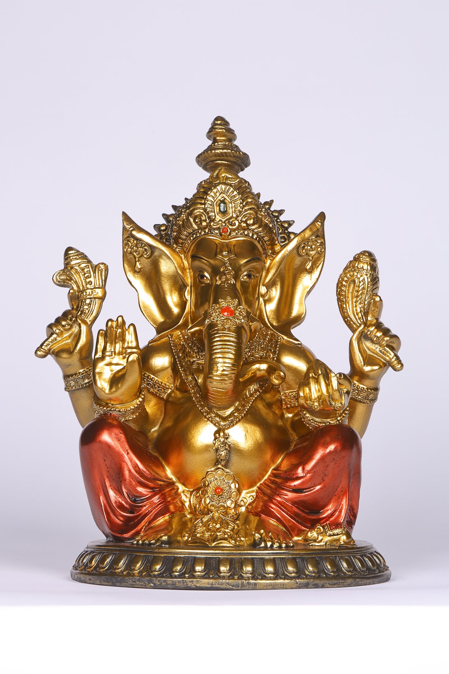 11" Ganesha sitting  Antique Finish golden red statue on golden pdestal | Ideal for temple or showpiece