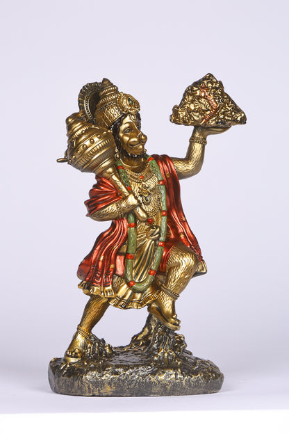 9" Hanuman Pawansut Mahabali standing Antique Finish golden red statue statue with Parvat | Ideal for temple or showpiece