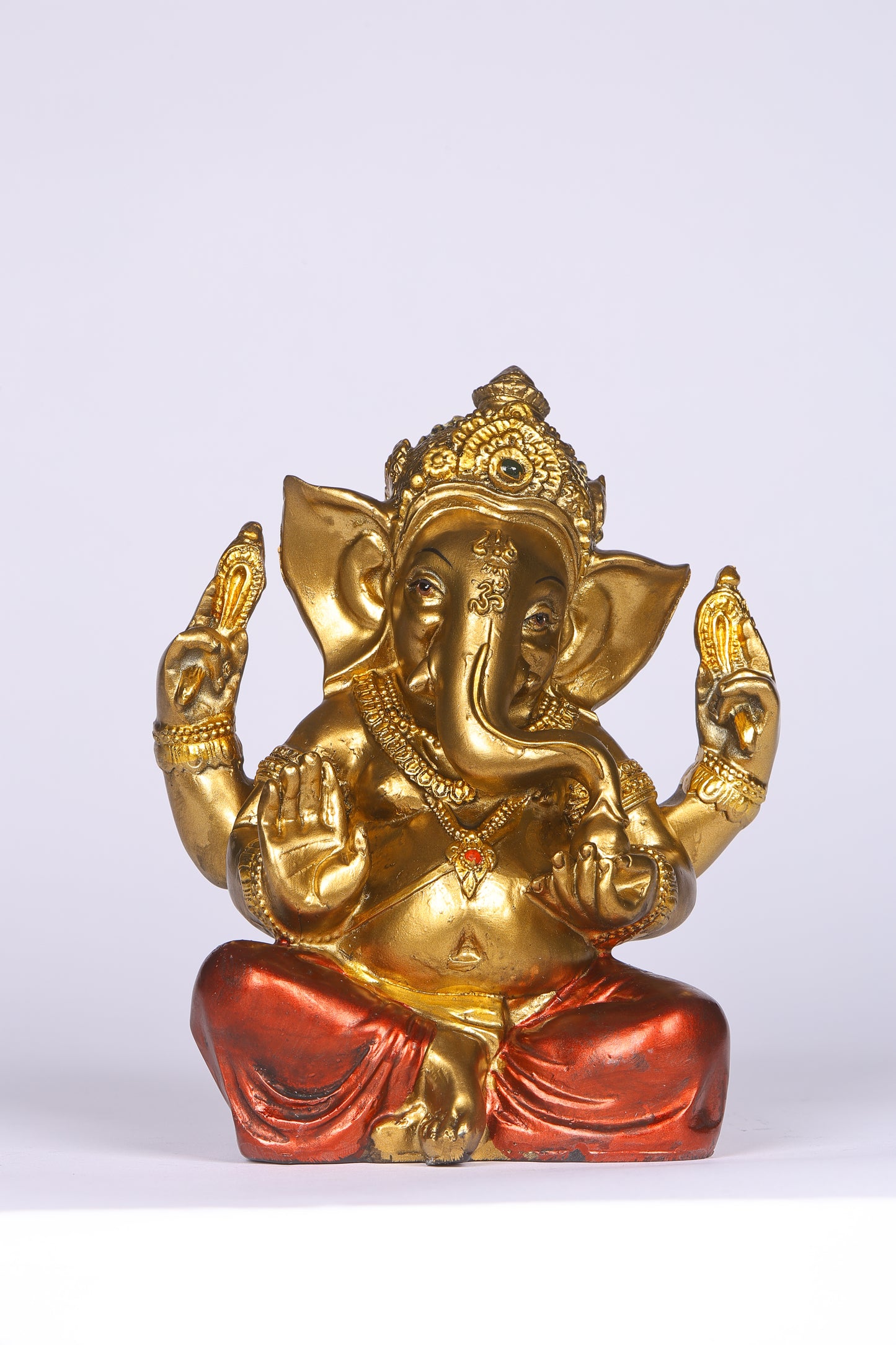 7" Cute Ganesha sitting Antique Finish golden red statue | Ideal for temple or showpiece