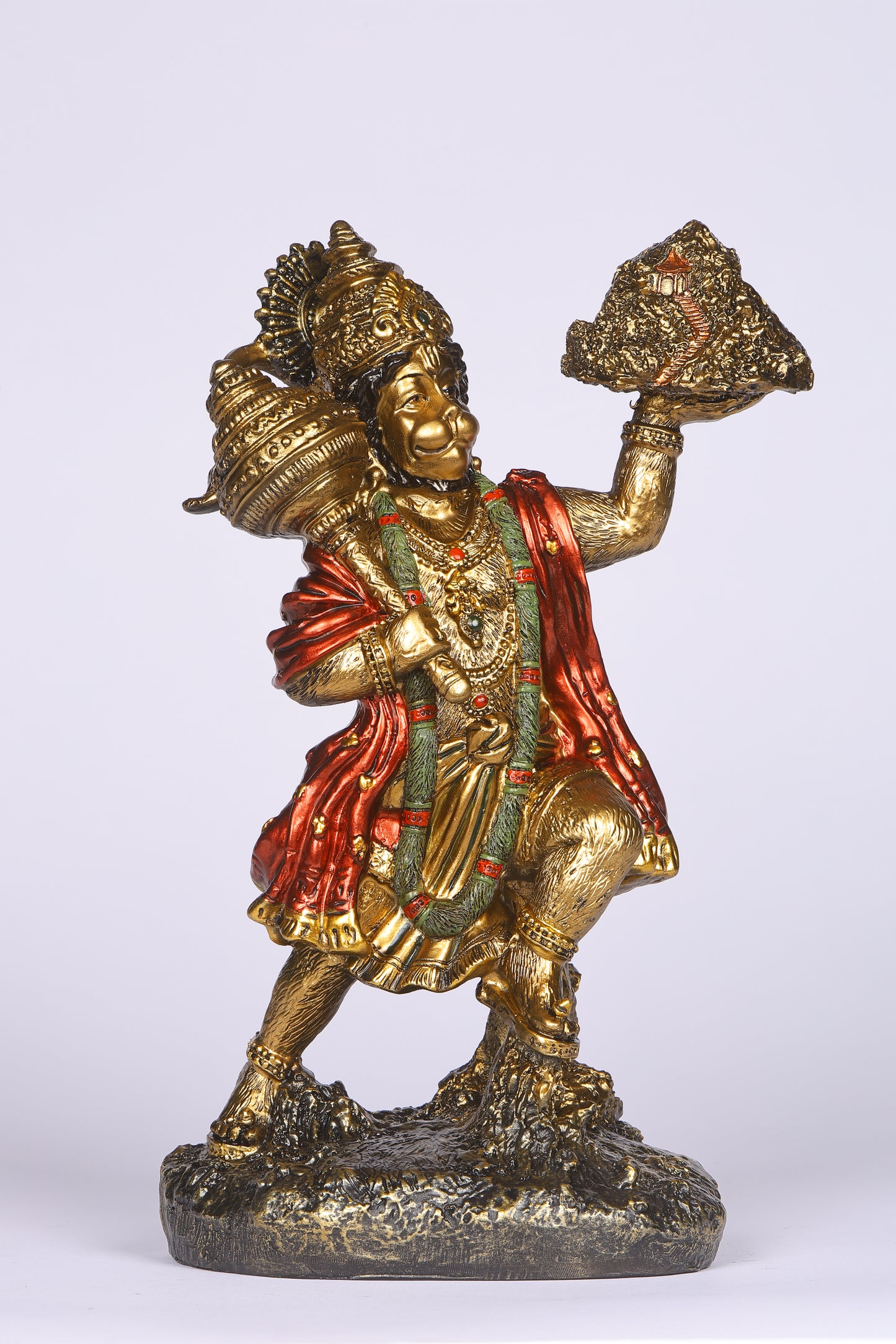 11" Hanuman Pawansut Mahabali standing Antique Finish golden red statue statue with Parvat | Ideal for temple or showpiece